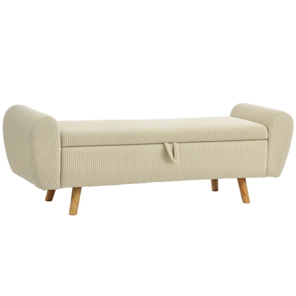 Zitbank Met Opbergruimte, Gestoffeerde Bank Met Corduroy look, Houten Poten En Gerolde Armleuningen, Beige