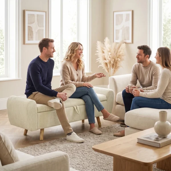Zitbank Met Opbergruimte, Gestoffeerde Bank Met Corduroy look, Houten Poten En Gerolde Armleuningen, Beige