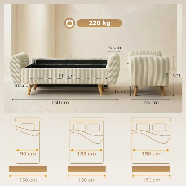 Zitbank Met Opbergruimte, Gestoffeerde Bank Met Corduroy look, Houten Poten En Gerolde Armleuningen, Beige