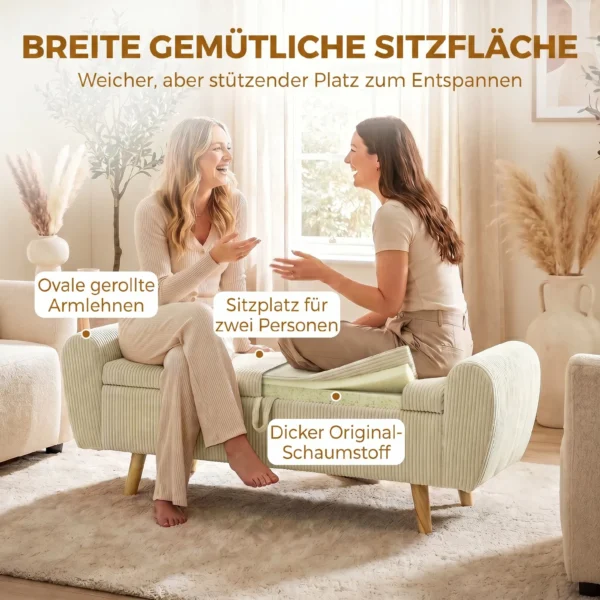 Zitbank Met Opbergruimte, Gestoffeerde Bank Met Corduroy look, Houten Poten En Gerolde Armleuningen, Beige