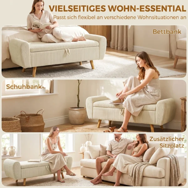 Zitbank Met Opbergruimte, Gestoffeerde Bank Met Corduroy look, Houten Poten En Gerolde Armleuningen, Beige