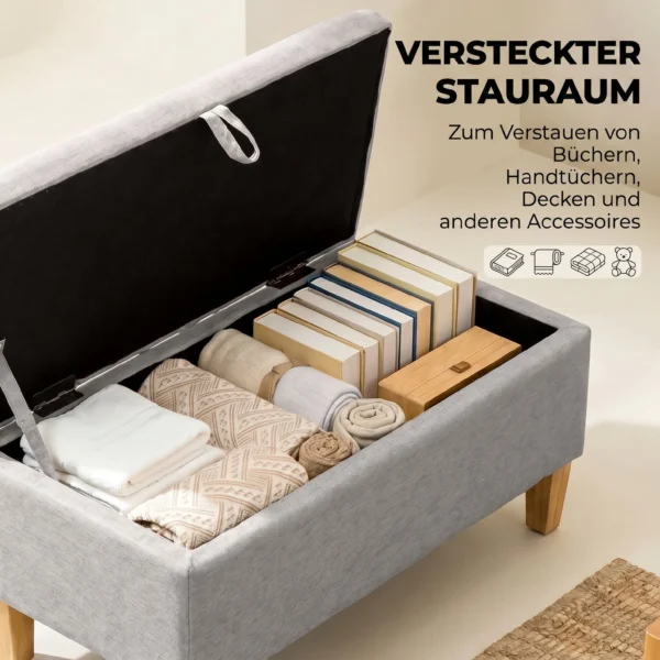 Zitbank Met Opbergruimte In Linnenlook, Gestoffeerde Voetenbank Met Rubberboomhouten Poten, Opbergdoos, Lichtgrijs
