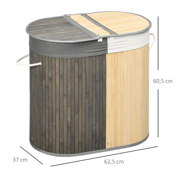 100 L Wäschekorb Mit Deckel, Griff, 2 Abschnitte, Herausnehmbarer Wäschesack, Für Schlafzimmer, Bambus Grau+Natur