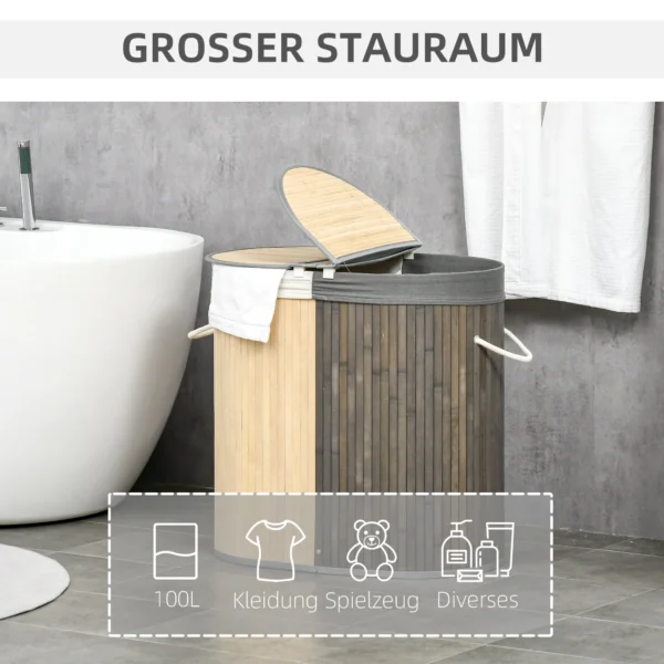 100 L Wäschekorb Mit Deckel, Griff, 2 Abschnitte, Herausnehmbarer Wäschesack, Für Schlafzimmer, Bambus Grau+Natur