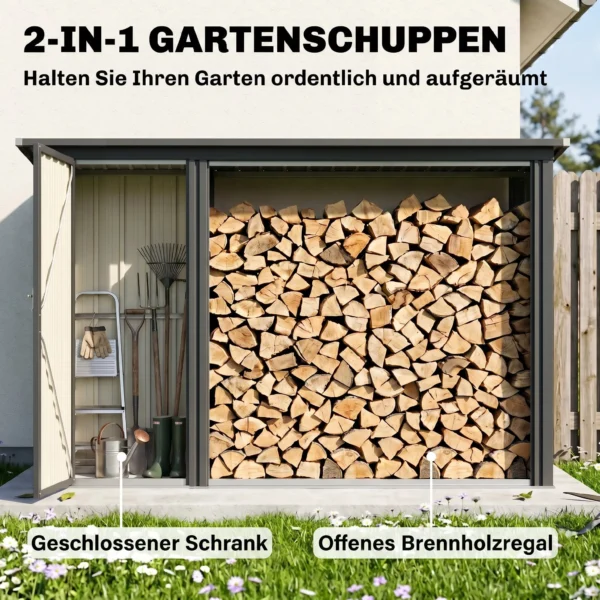 2 in 1 Kaminholzregal Außen Verzinkter Stahl 235 X 67 X 149 Cm Brennholzregal Mit Geräteschrank Schrägdach Dunkelgrau