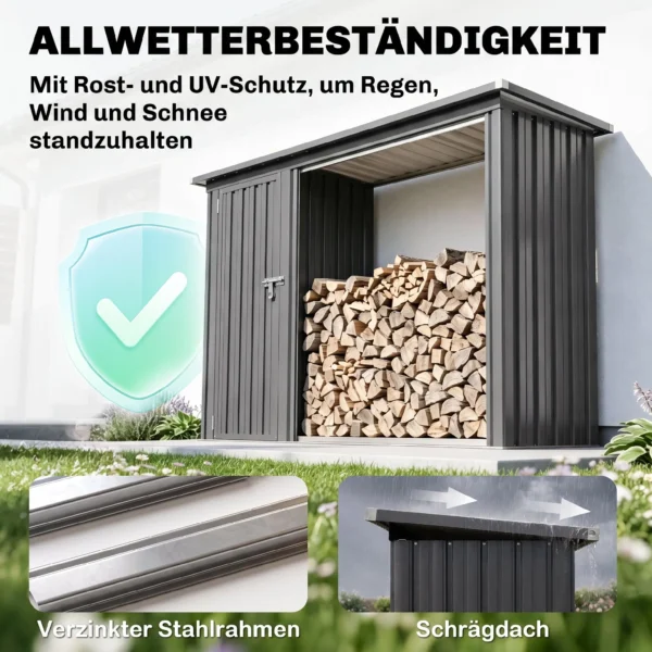 2 in 1 Kaminholzregal Außen Verzinkter Stahl 235 X 67 X 149 Cm Brennholzregal Mit Geräteschrank Schrägdach Dunkelgrau
