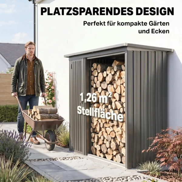 2 in 1 Kaminholzregal Außen Verzinkter Stahl 235 X 67 X 149 Cm Brennholzregal Mit Geräteschrank Schrägdach Dunkelgrau