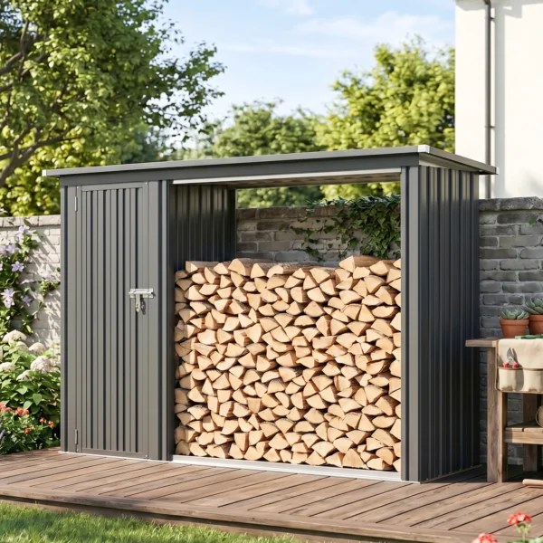 2 in 1 Kaminholzregal Außen Verzinkter Stahl 235 X 67 X 149 Cm Brennholzregal Mit Geräteschrank Schrägdach Dunkelgrau