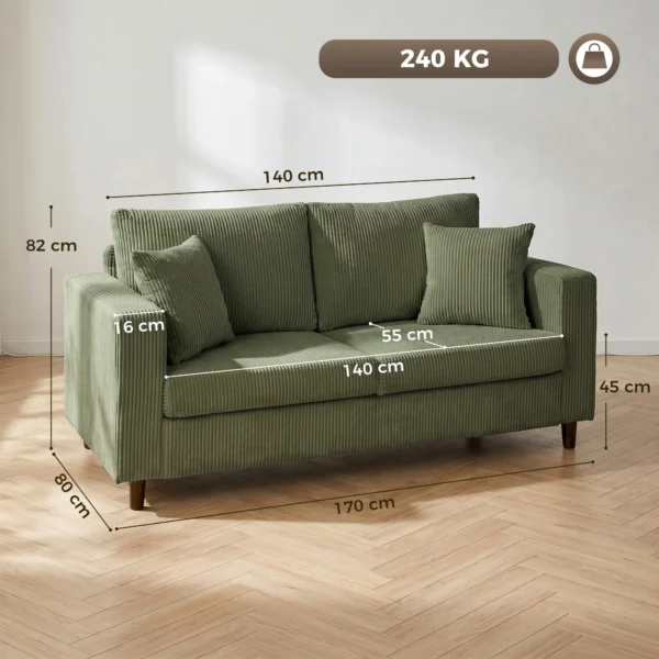 2 Sitzer Cordsofa Mit Breiter Tiefer Sitzfläche Und Federkernpolster, Grün
