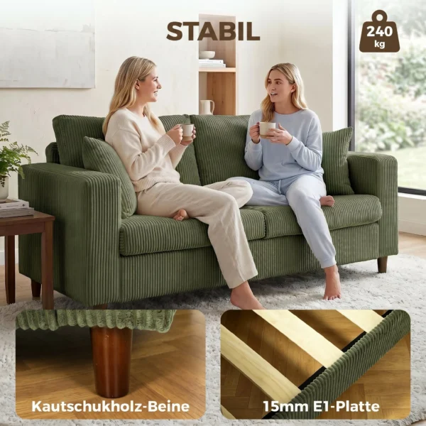 2 Sitzer Cordsofa Mit Breiter Tiefer Sitzfläche Und Federkernpolster, Grün