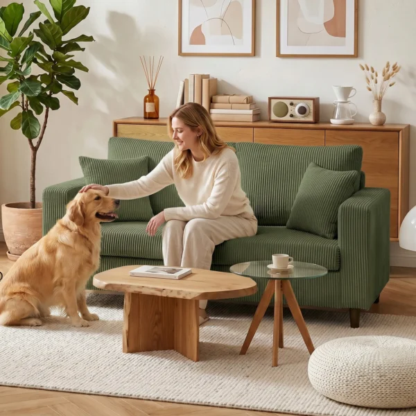 2 Sitzer Cordsofa Mit Breiter Tiefer Sitzfläche Und Federkernpolster, Grün