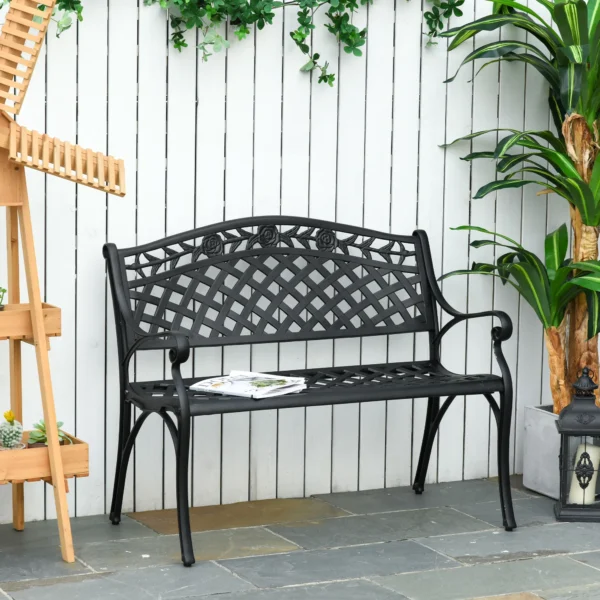 2 Sitzer Sitzbank Alu Gartenbank Metallbank Bank Mit Armlehnen Landhausstil Schwarz 102,5 X 61 X 84 Cm
