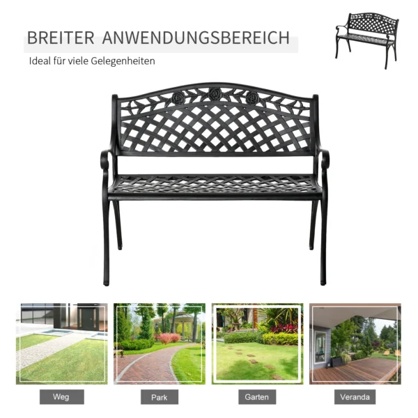 2 Sitzer Sitzbank Alu Gartenbank Metallbank Bank Mit Armlehnen Landhausstil Schwarz 102,5 X 61 X 84 Cm
