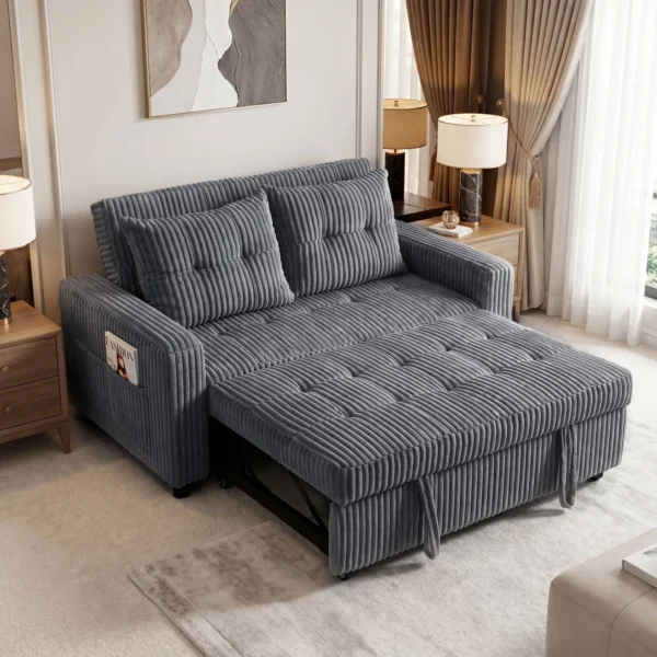 2 Sitzer Sofabett, Cordbezug, Zum Schlafsofa Umwandelbar, 2 Kissen, Seitentaschen, 157 X 190 Cm, Dunkelgrau