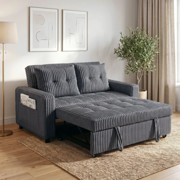 2 Sitzer Sofabett, Cordbezug, Zum Schlafsofa Umwandelbar, 2 Kissen, Seitentaschen, 157 X 190 Cm, Dunkelgrau