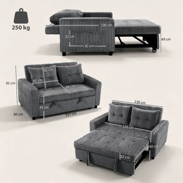 2 Sitzer Sofabett, Cordbezug, Zum Schlafsofa Umwandelbar, 2 Kissen, Seitentaschen, 157 X 190 Cm, Dunkelgrau