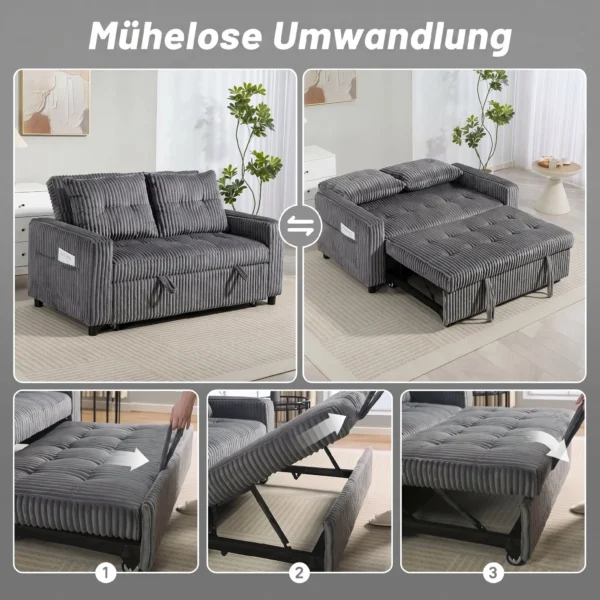 2 Sitzer Sofabett, Cordbezug, Zum Schlafsofa Umwandelbar, 2 Kissen, Seitentaschen, 157 X 190 Cm, Dunkelgrau
