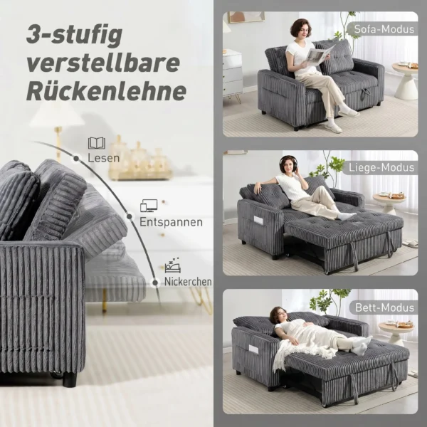 2 Sitzer Sofabett, Cordbezug, Zum Schlafsofa Umwandelbar, 2 Kissen, Seitentaschen, 157 X 190 Cm, Dunkelgrau