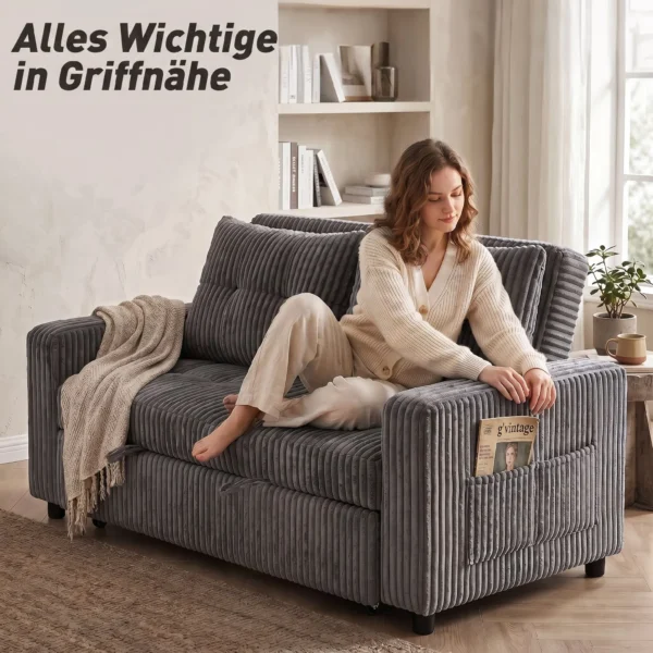 2 Sitzer Sofabett, Cordbezug, Zum Schlafsofa Umwandelbar, 2 Kissen, Seitentaschen, 157 X 190 Cm, Dunkelgrau