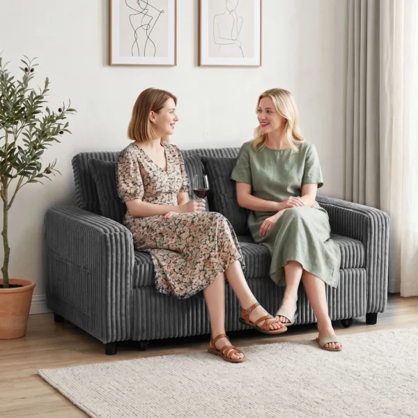 2 Sitzer Sofabett, Cordbezug, Zum Schlafsofa Umwandelbar, 2 Kissen, Seitentaschen, 157 X 190 Cm, Dunkelgrau