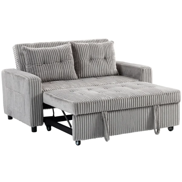 2 Sitzer Sofabett, Cordbezug, Zum Schlafsofa Umwandelbar, 2 Kissen, Seitentaschen, 157 X 190 Cm, Hellgrau