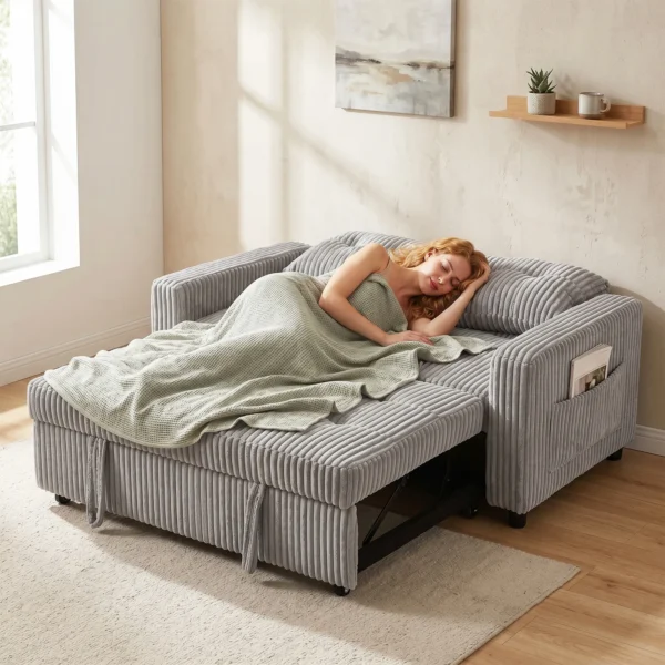 2 Sitzer Sofabett, Cordbezug, Zum Schlafsofa Umwandelbar, 2 Kissen, Seitentaschen, 157 X 190 Cm, Hellgrau
