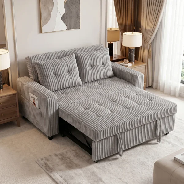 2 Sitzer Sofabett, Cordbezug, Zum Schlafsofa Umwandelbar, 2 Kissen, Seitentaschen, 157 X 190 Cm, Hellgrau