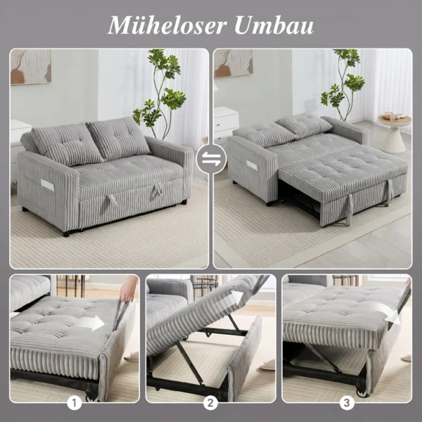 2 Sitzer Sofabett, Cordbezug, Zum Schlafsofa Umwandelbar, 2 Kissen, Seitentaschen, 157 X 190 Cm, Hellgrau