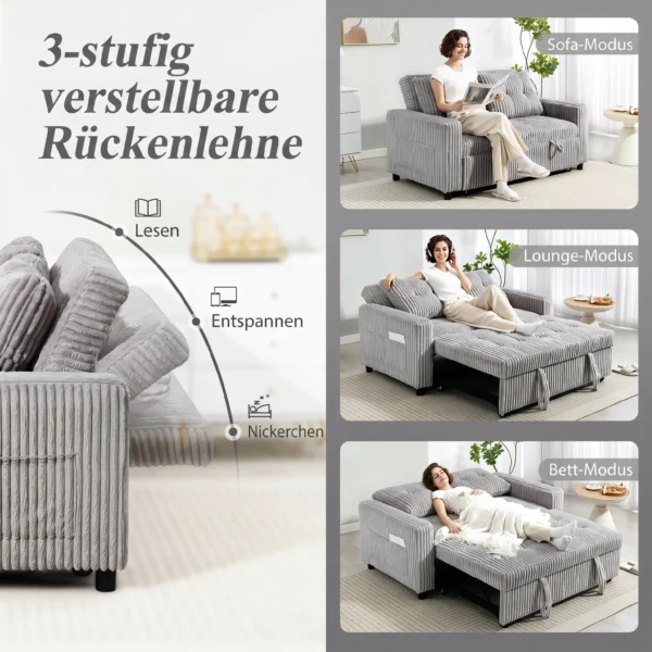 2 Sitzer Sofabett, Cordbezug, Zum Schlafsofa Umwandelbar, 2 Kissen, Seitentaschen, 157 X 190 Cm, Hellgrau