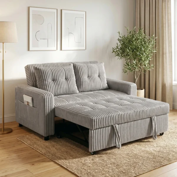 2 Sitzer Sofabett, Cordbezug, Zum Schlafsofa Umwandelbar, 2 Kissen, Seitentaschen, 157 X 190 Cm, Hellgrau