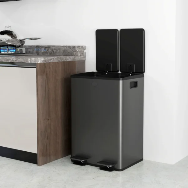 2 X 28 L Doppelmülleimer, Pedalöffnung, Leicht Zu Reinigen, Edelstahl, Kunststoff, Schwarz
