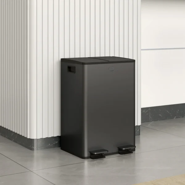 2 X 28 L Doppelmülleimer, Pedalöffnung, Leicht Zu Reinigen, Edelstahl, Kunststoff, Schwarz