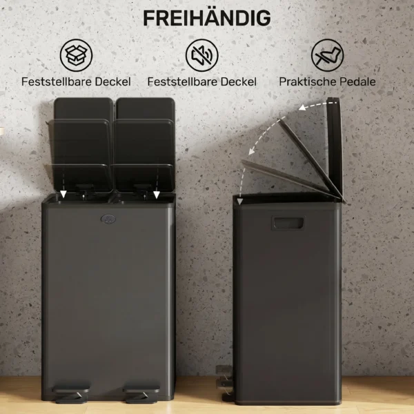 2 X 28 L Doppelmülleimer, Pedalöffnung, Leicht Zu Reinigen, Edelstahl, Kunststoff, Schwarz