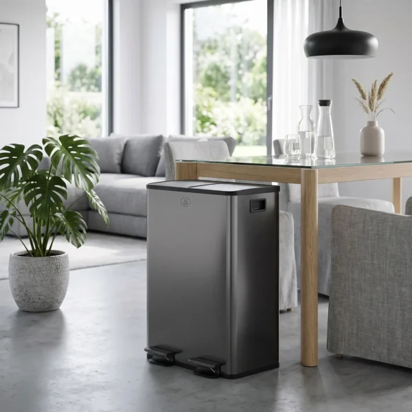 2 X 28 L Doppelmülleimer, Pedalöffnung, Leicht Zu Reinigen, Edelstahl, Kunststoff, Schwarz