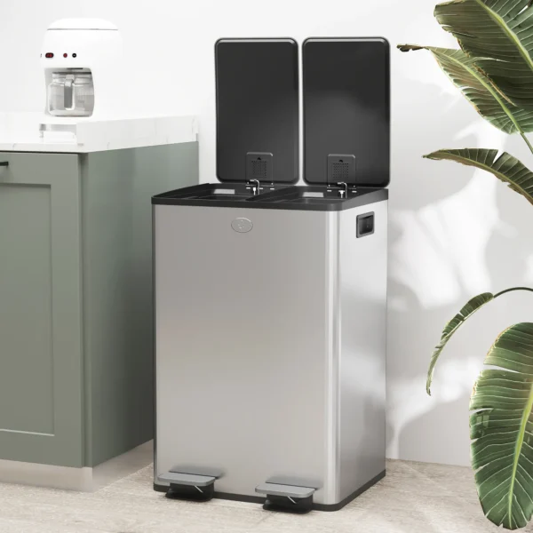 2 X 28 L Doppelmülleimer, Pedalöffnung, Leicht Zu Reinigen, Edelstahl, Kunststoff, Silber