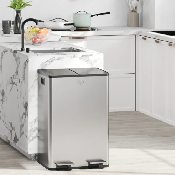 2 X 28 L Doppelmülleimer, Pedalöffnung, Leicht Zu Reinigen, Edelstahl, Kunststoff, Silber