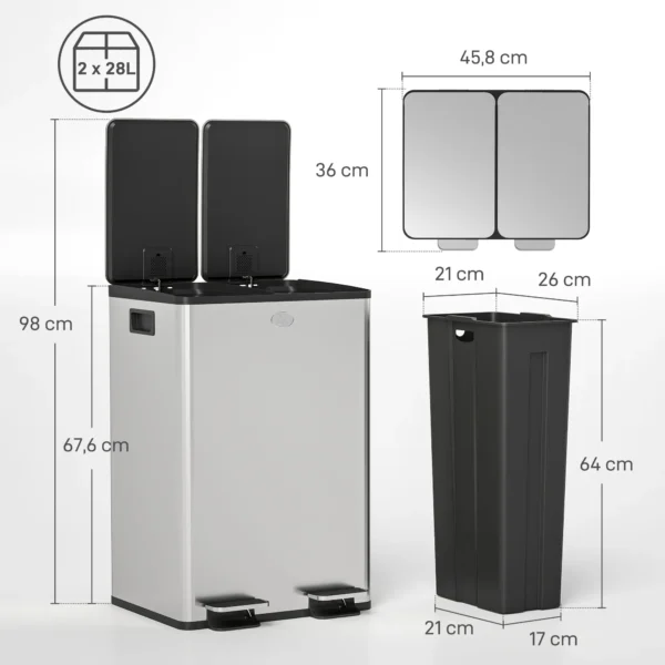 2 X 28 L Doppelmülleimer, Pedalöffnung, Leicht Zu Reinigen, Edelstahl, Kunststoff, Silber