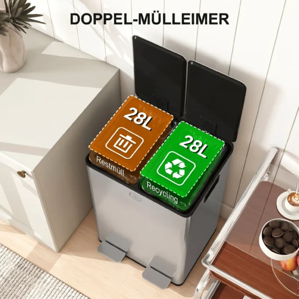 2 X 28 L Doppelmülleimer, Pedalöffnung, Leicht Zu Reinigen, Edelstahl, Kunststoff, Silber