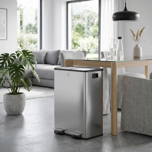2 X 28 L Doppelmülleimer, Pedalöffnung, Leicht Zu Reinigen, Edelstahl, Kunststoff, Silber