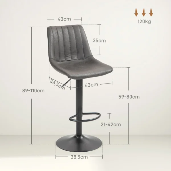 2er Set Barhocker Im Retrodesign, Inkl. Fußstütze, Höhenverstellbar, Gaslift, Dunkelgrau