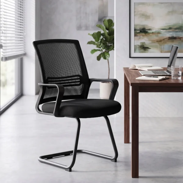 2er Set Ergonomische Schreibtischstühle Ohne Rollen, Gepolsterte Konferenzstühle Mit Kufengestell Für Wartezimmer Und Empfang, Schwarz
