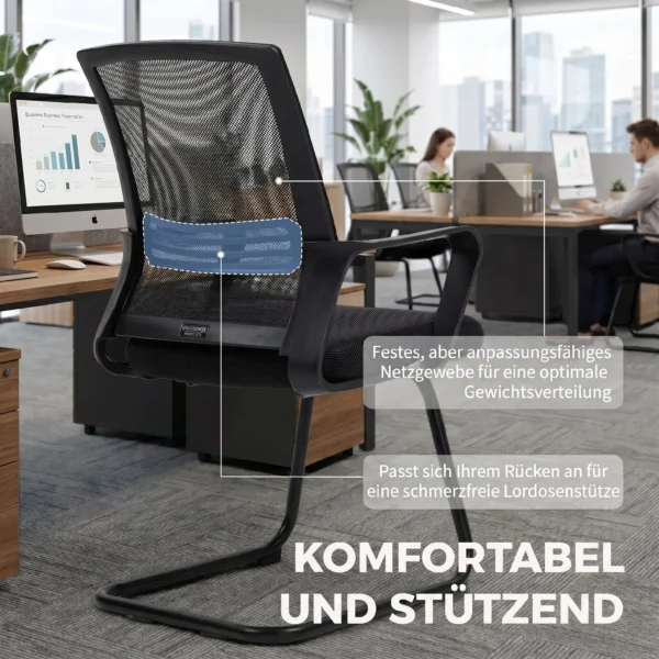 2er Set Ergonomische Schreibtischstühle Ohne Rollen, Gepolsterte Konferenzstühle Mit Kufengestell Für Wartezimmer Und Empfang, Schwarz