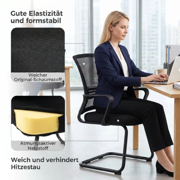 2er Set Ergonomische Schreibtischstühle Ohne Rollen, Gepolsterte Konferenzstühle Mit Kufengestell Für Wartezimmer Und Empfang, Schwarz