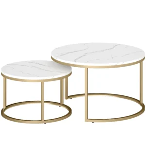 2er Set Runde Couchtische, Stapelbare Beistelltische Mit Metallrahmen, Wohnzimmertisch In Marmoroptik, Kaffeetisch, Grau