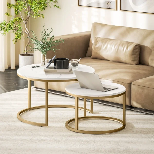 2er Set Runde Couchtische, Stapelbare Beistelltische Mit Metallrahmen, Wohnzimmertisch In Marmoroptik, Kaffeetisch, Grau