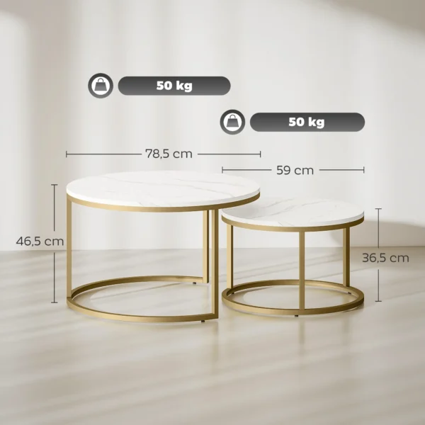 2er Set Runde Couchtische, Stapelbare Beistelltische Mit Metallrahmen, Wohnzimmertisch In Marmoroptik, Kaffeetisch, Grau
