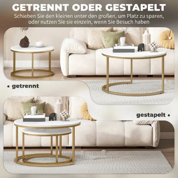 2er Set Runde Couchtische, Stapelbare Beistelltische Mit Metallrahmen, Wohnzimmertisch In Marmoroptik, Kaffeetisch, Grau