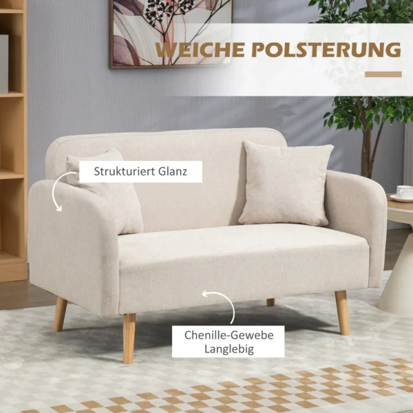 2er Sofa Sofa Couch, Modern Design, Inkl. 2 Kissen, Holzbeine, 130 X 70 X 80 Cm, Creme