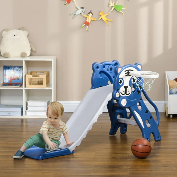 3 In 1 Kinderrutsche Mit Klettergerüst Basketballkorb Kleinkindrutsche, Cartoon Design ür Kleinkinder 18 36 Monaten Blau