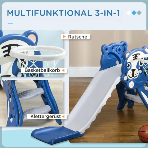 3 In 1 Kinderrutsche Mit Klettergerüst Basketballkorb Kleinkindrutsche, Cartoon Design ür Kleinkinder 18 36 Monaten Blau